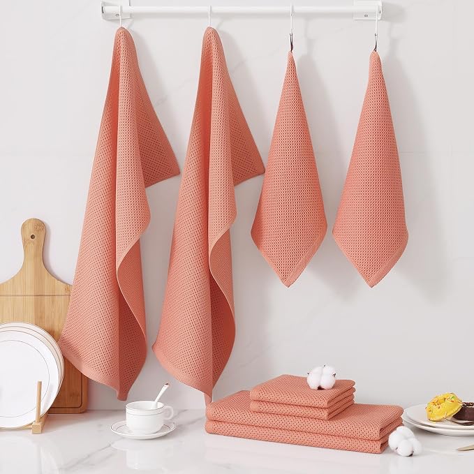 Homaxy 8 Pack 100% Cotton Kitchen Towels and Dishcloths Set, Coral | 12 x 12 Inches and 13 x 28 Inches Kitchen Towels Set, Ultra Soft Absorbent Dish Cloths for Washing Dishes - Image 7