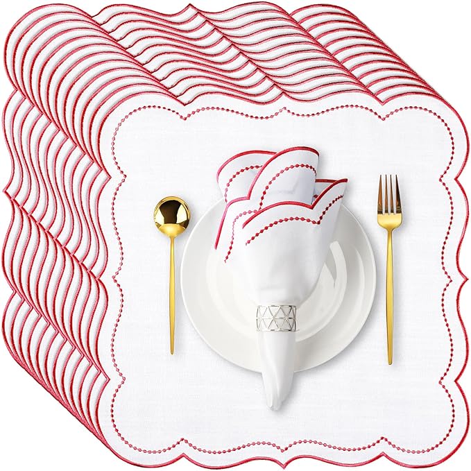 Hahafelt Cloth Napkins 18x18inches Scalloped Embroidery Cloth Napkins Washable Polyester Table Dinner for Hotel Restaurant Weddings Events Parties (Red,12 Set) by Hahafelt
