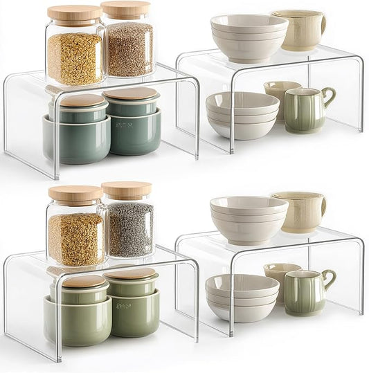 Syntus Cabinet Shelf Organizer, 4 Pack Spice Organization for Cabinet, Seasoning, Plate Organizer Shelf Riser, Clear by Syntus