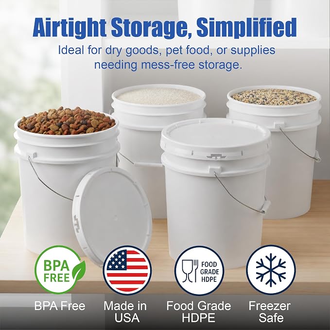 5 Gallon Bucket - Food Grade w/Lid BPA-Free,24 Pack - White | Airtight Gasketed Tear Strip Lid, Heavy-Duty 90 Mil HDPE Plastic Pail, Bulk Storage, Food Safe Durable Container, Made in USA - Image 2