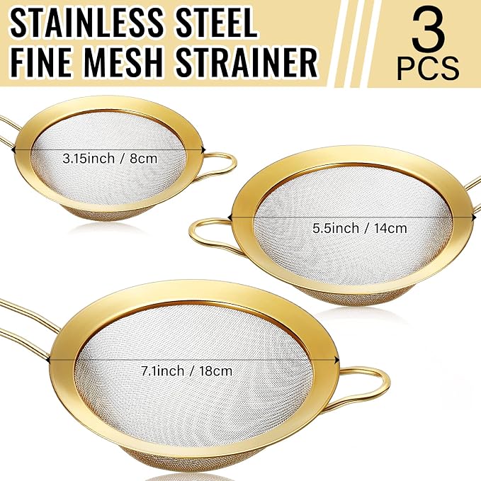 Norme 5 Quart Stainless Steel Gold Colander and 3 Pcs Gold Fine Mesh Strainer, Stainless Steel Pasta Rice Food Metal Strainer with Handles, Easy Clean and Dishwasher Safe - Image 3