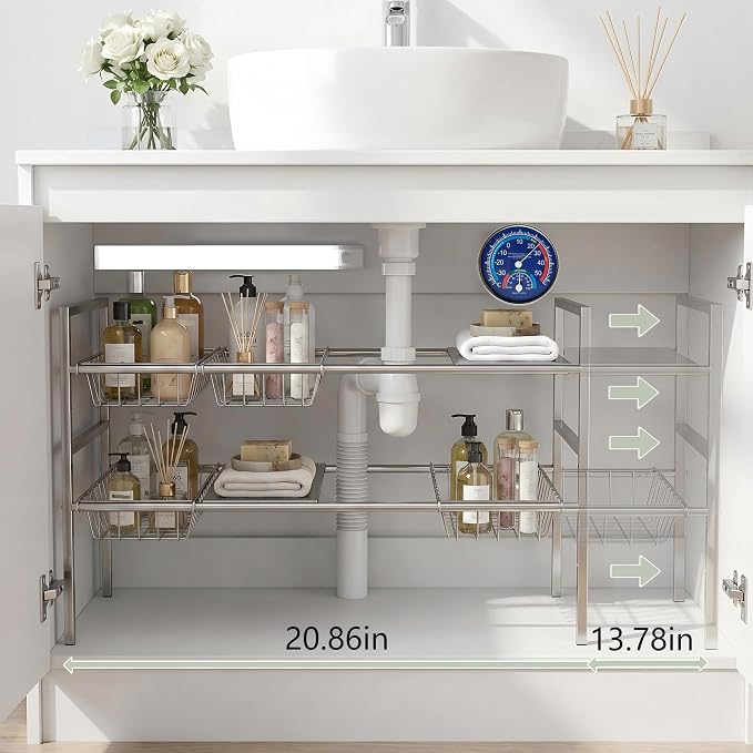 Under-Sink Organizer 2-Tier Expandable Cabinet Storage (5 panels 5baskets) | LED Motion-Sensing Auxiliary Lighting Dial Thermometer Stainless Steel Telescopic & Adjustable Rust-Resistant - Image 5