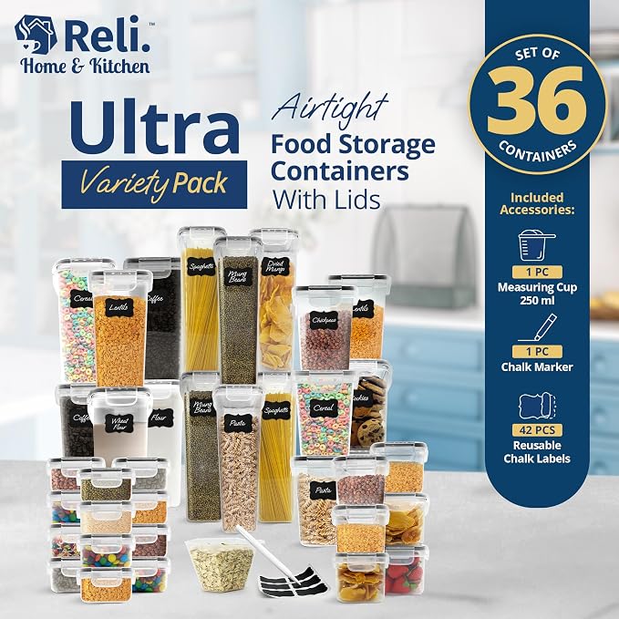 Reli. Pantry Organizers and Storage (36 Sets) Food Containers with Lids | Clear | Airtight plastic storage containers, Kitchen organizers, Food storage canister sets with lids, BPA free, Multi-size - Image 2