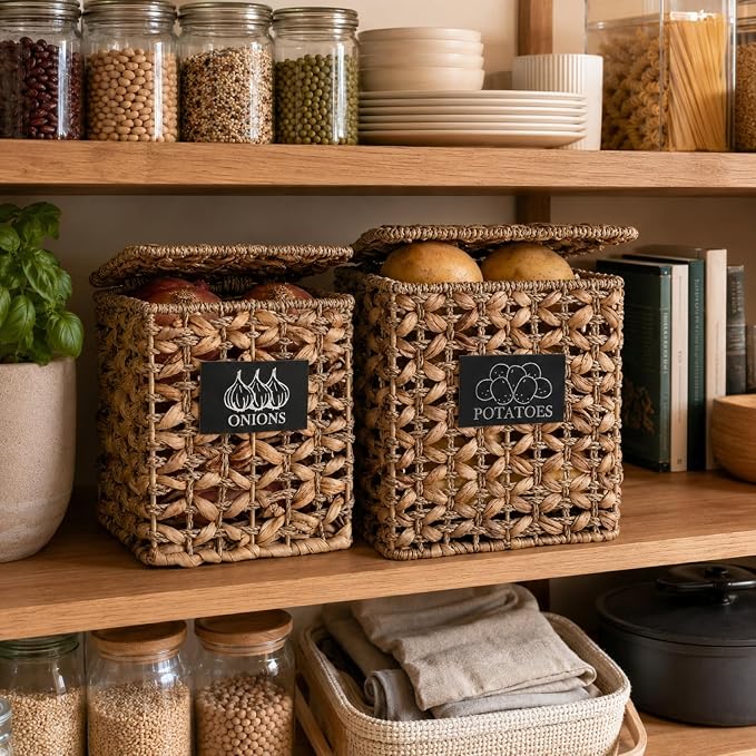 2 Pack Potato and Onion Storage Bin, Stackable Woven Basket with Lid, Vegetable Fruit Basket for Kitchen Counter, Produce Holder with Aerating Holes, Pantry Organizers and Storage, Metal - Image 6
