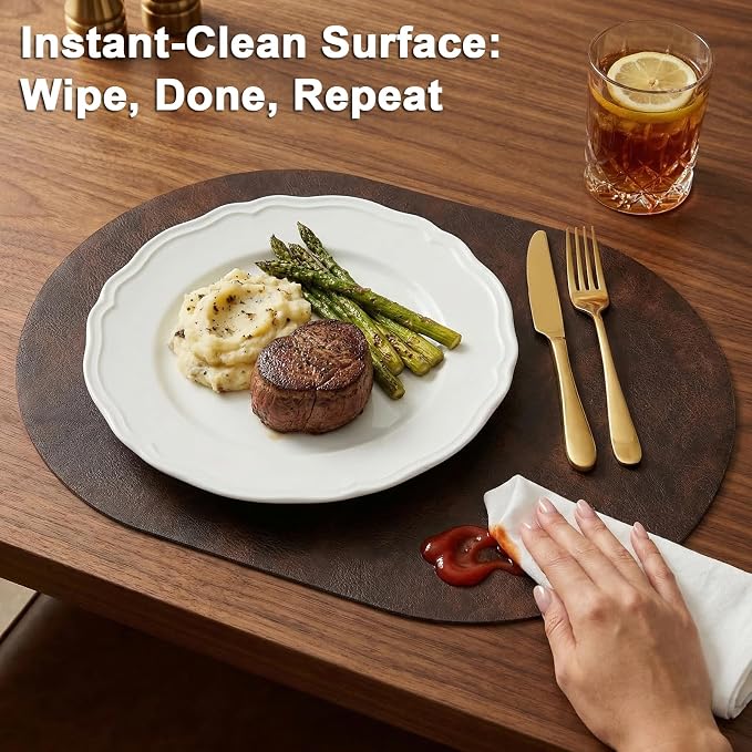 Placemats, Oval Placemats 2mm Ultra Thick Faux Leather Table Mats, Heat Resistant Waterproof Wipeable Dining Mats for Kitchen Table, Set of 8, Coffee - Image 3