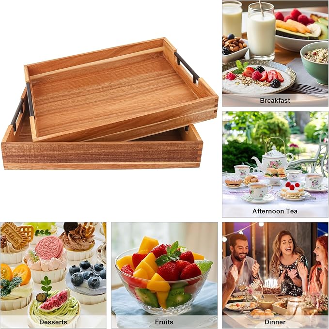 2 PCS Acacia Wood Serving Tray with Black Handles - 13 x 17 inches Premium Wooden Tray for Ottoman and Coffee Table Tray, Home Decor, Kitchen - Image 4