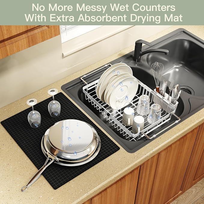 White Dish Drying Rack Over The Sink with Utensil Holder, Mat | Expandable Stainless Steel Dish Drainer for Small Kitchen, Apartment, RV, Counter Space Saving, Perfect Fit, Rustproof - Image 6