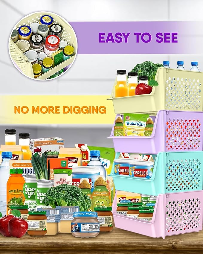 Large Stackable Storage Bins Open Front for Pantry Storage, 8 Pack - Multi | Sturdy Plastic, Easy Stacking, Open Front Access, Ventilated Sides, Vertical & Space Saving Pantry Organizers and Storage Bin - Image 3