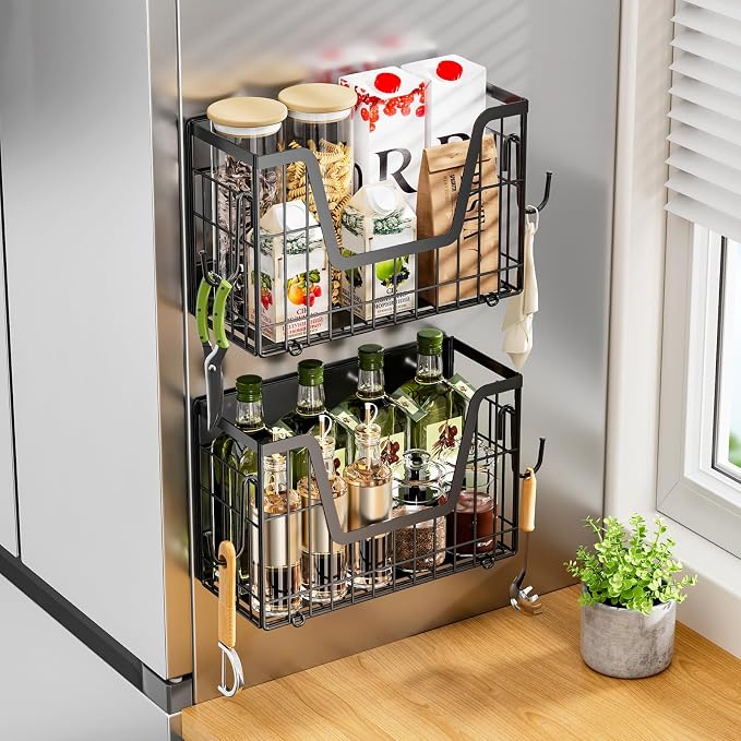 2 Pack Magnetic Shelf for Fridge, Fruit Potato & Onion Storage Bins | Magnetic Baskets for Fridge Shelves, Side of Fridge Storage Magnetic Spice Rack for Refrigerator Kitchen Laundry Organizer - Image 10