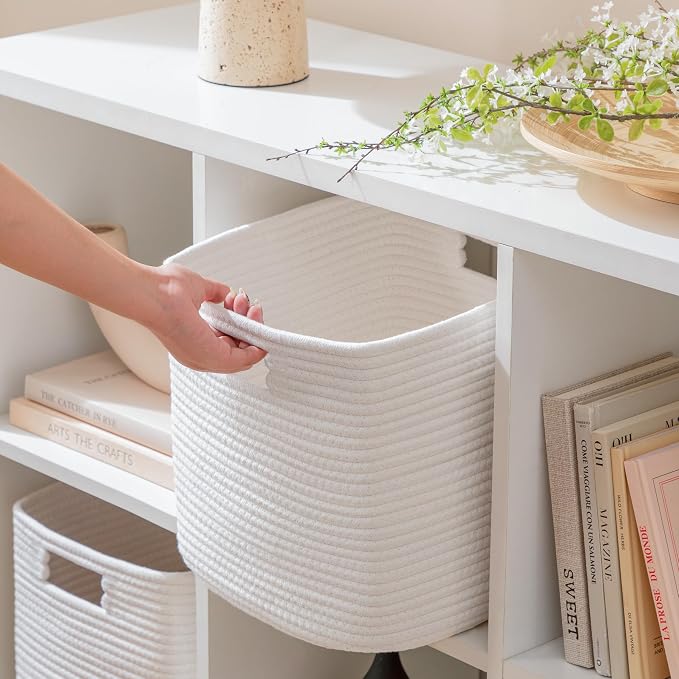 UBBCARE Set of 4 Cotton Rope Basket 13 X 13 X 13 Inches, Woven Storage Baskets for Shelves, Organizing with Handles, Cube Storage Bins for Storage Books, Magazines, White - Image 6