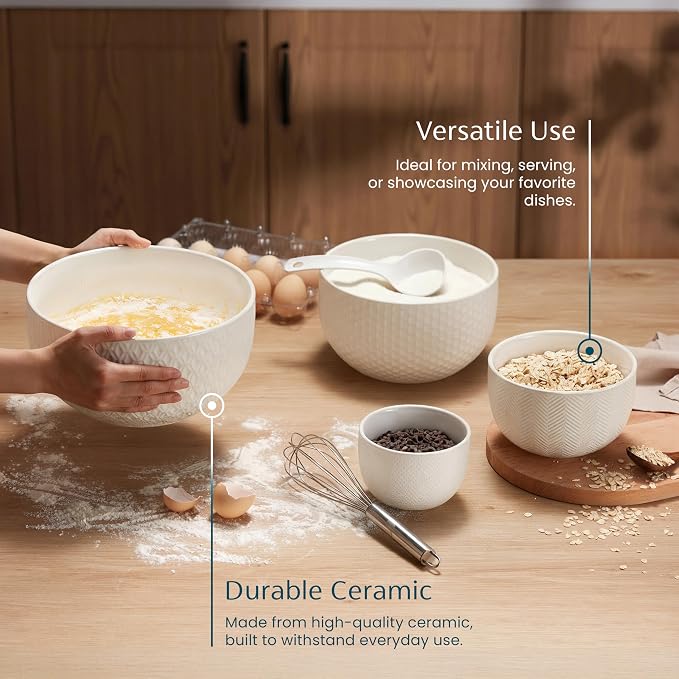 KooK Ceramic Mixing Bowls, Nesting Set of 4, Embossed Kitchen Dishware, Prep, Serving, Gift, Microwave and Dishwasher Safe, 20/44/98/145 oz, Narbonne Collection (Marshmallow) - Image 3