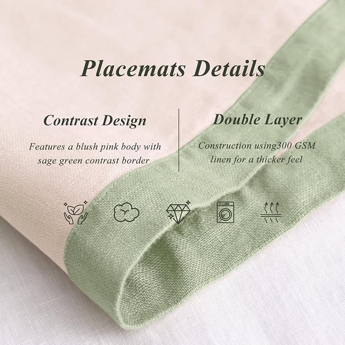 Linen World 100% French Linen Placemats Set of 4,21 x 15 Inch Double Layer Table Mats,Washable Heavyweight Placemats for Holiday Dining Kitchen Decor,Blush Pink with Sage Green Contrast Border - Image 5
