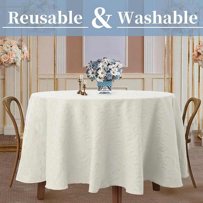 White Round Tablecloth 70 Inch Cloth for 5ft Tables (4-6 Seats) - Cotton & Polyester - Wrinkle/Fade Resistant - Washable & Reusable - 1PC Circle Table Cover for Wedding, Party & Dining, Bows Jacquard - Image 2