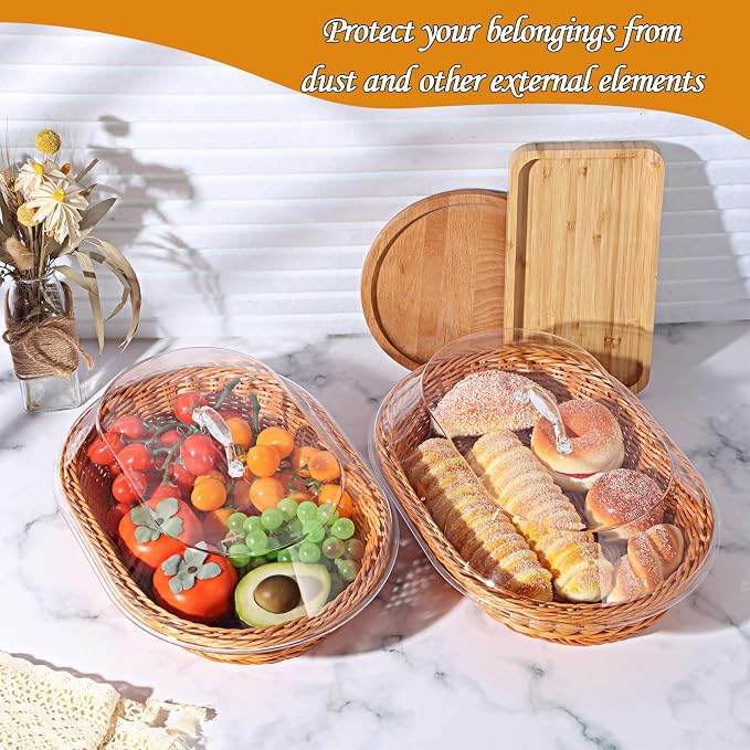 Hushee 2 Set Imitation Rattan Bread Basket with Lid Wicker Bread Baskets for Serving Woven Fruit Basket with Cover Oval Food Baskets for Food Vegetables Display(13.78 x 9.84 Inch, 15.75 x 11.81 Inch) - Image 6