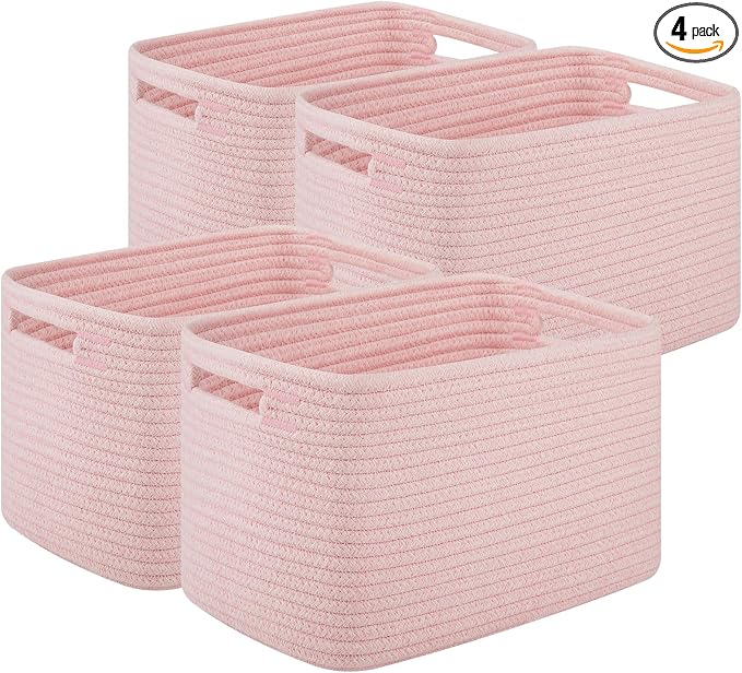 OIASKET 4Packs Natural Cotton Rope Storage Baskets for Organizing Toys, Clothes, Towels & Books, Soft Versatile Organizers for Shelves, Home Decorative Bins, 13''Lx9''Wx7.8''H, Pink by OIASKET
