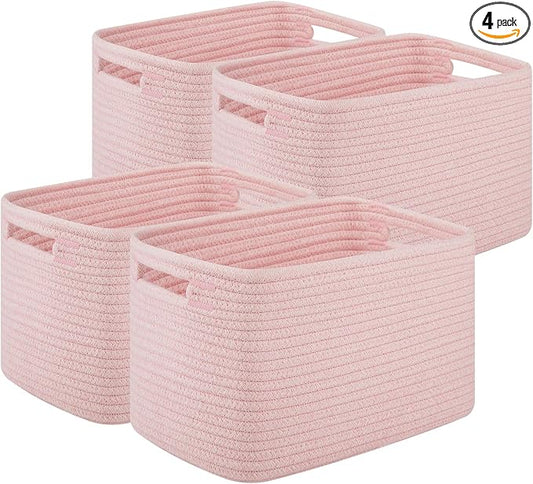 OIASKET 4Packs Natural Cotton Rope Storage Baskets for Organizing Toys, Clothes, Towels & Books, Soft Versatile Organizers for Shelves, Home Decorative Bins, 13''Lx9''Wx7.8''H, Pink by OIASKET