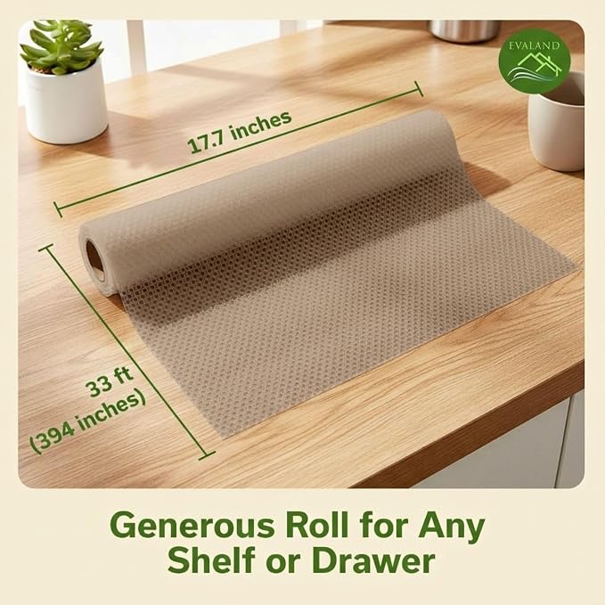 EVALAND Shelf Liner Cabinet Liner Non-Adhesive Drawer Liner 12 in x 33 FT | Non-Slip, Washable, Waterproof, Fridge Liners, Contact Paper, Shelf Liners for Cabinets, Kitchen, Refrigerator, Beige - Image 2