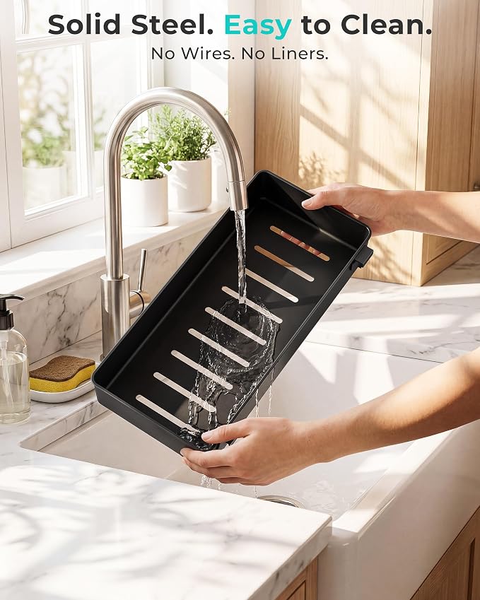 EVERIE Height Adjustable 2 Tier Metal Pull Out Slide Shelf Organizer for Under Sink Cabinets in Kitchen, Bathroom, with Snap-on Top Tray, 16" Deep (Black, 2 Sets) | Pull Out - Image 5