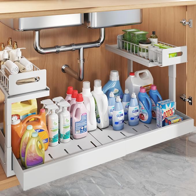 1 Pack-19"-32"W Expandable Under Sink Organizer With Upgrade Ball-Bearing Slide,2-Tier Pull Out Under Cabinet Organizer Height Adjustable,Not Suitable For Cabinets With Partitions In The Middle by UnderSinkOrganizer
