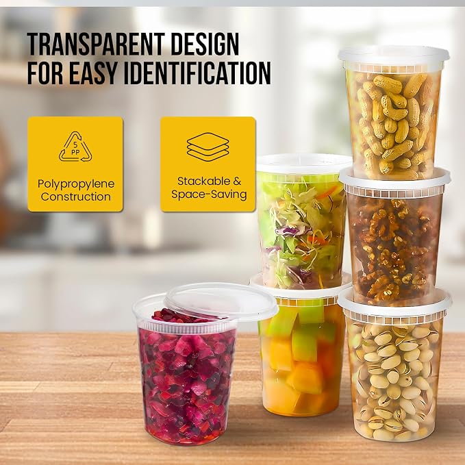 OCS Parts 48-Pack Round Plastic Deli Containers with Lids | Stackable, Microwavable, Freezer and Dishwasher Safe BPA Free Food Prep and Storage Containers (32 Ounce) - Image 4
