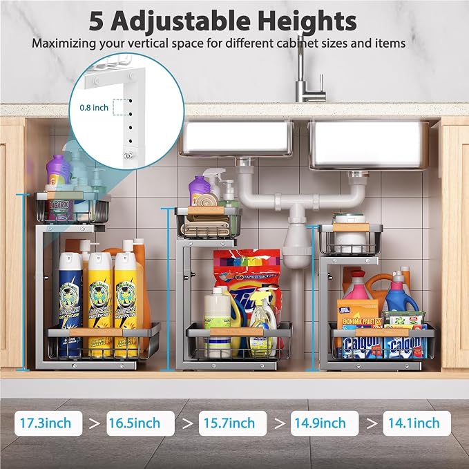 Liuoud Under Sink Organizer 2 Pack, 2 Tier Slide Out Large Capacity Height Adjustable Under Sink Organizers and Storage for Kitchen Bathroom Cabinet, Grey - Image 5