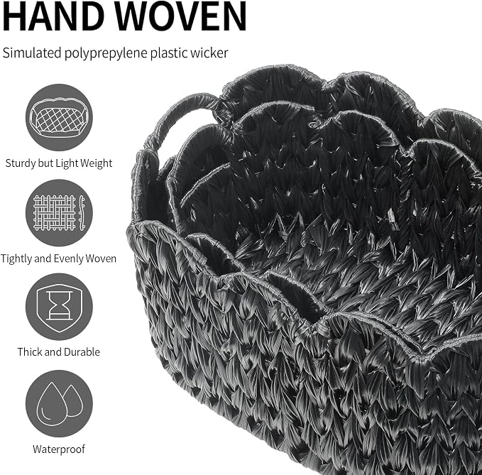Coeusy Wicker Scalloped Basket Set of 2,Woven Storage Baskets for Shelves,Closet,Laundry,Gift,Towels,Books,Toys,Waterproof Decor Basket for Organizing,Black Oval - Image 6