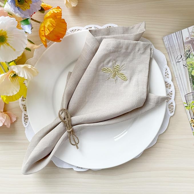 DerF HOME Embroidered Linen Napkins Set of 4, Natural 18x18 Inch | 100% Pure Linen Cloth Dinner Napkins with Natural Texture and Embroidery, Reusable Washable Table Napkins for Home & Events by DERFHOME