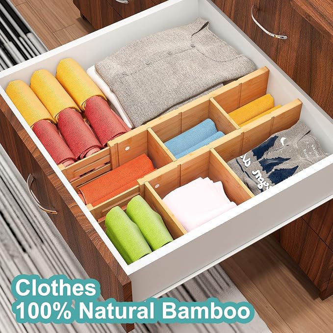 4.4" High Bamboo Drawer Dividers with Inserts, Kitchen Adjustable Drawer Organizers, Expandable Organization for Home, Office, Dressers, and Bathroom, 4 Divider with 8 Insert - Image 3