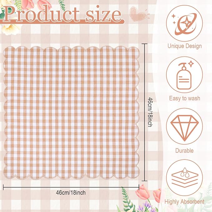 SmoothNovelty 6 Pack Buffalo Plaid Cloth Napkins 18x18 Inch Checkered Cloth Napkins Scalloped Soft Cotton Table Mat Washable Reusable for Dinner Wedding Holiday Birthday Parties (Classic,Khaki) - Image 2