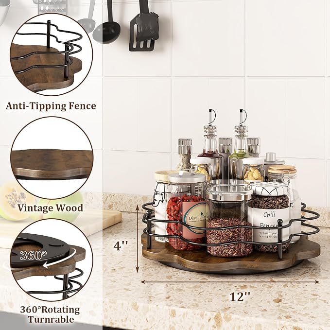 12" Lazy Susan Turntable Organizer,Round Wooden Lazy Susan Organization and Rotating Spice Rack for Dining Table,Pantry,Kitchen Countertop,Vanity,Cupboard and More.Heightened Version - Image 3