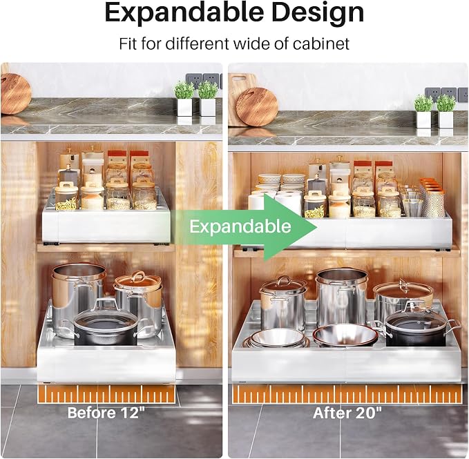 Pull out Cabinet Organizer, 4-pack, Expandable(12"-20") Heavy Duty Slide out Drawers Fixed with Adhesive Nano Film for Pots, Roll out Shelf Storage for Kitchen Base Cabinet Organization(3 Rails) - Image 8
