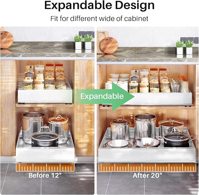 Pull out Cabinet Organizer, 6-pack, Expandable(12"-20") Heavy Duty Slide out Drawers Fixed with Adhesive Nano Film for Pots, Roll out Shelf Storage for Kitchen Base Cabinet Organization(3 Rails) - Image 8