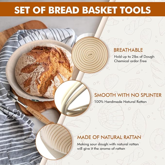 Sourdough Bread Baking Supplies, Sourdough Starter Kit, 2 9 Inch Round Banneton Bread Proofing Basket with 24 Oz Glass Jar, Sour Dough Tools with Danish Dough Whisk & Scraper - Image 7