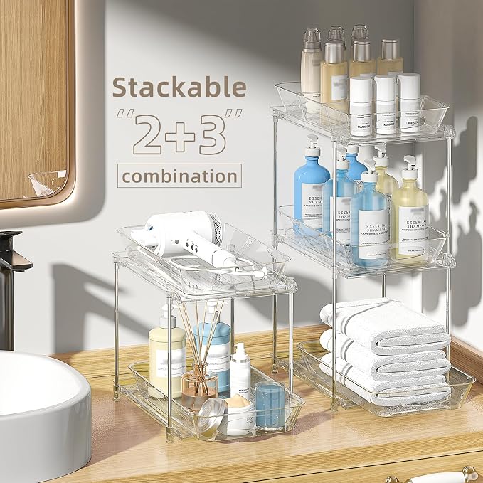 4-Pack 2-Tier Under Sink Organizer with Pull Out Drawers | Multi-use kitchen & bathroom storage. Includes hanging hooks and cups. transparent, space-saving cabinet design. 11.2 Inch - Image 3