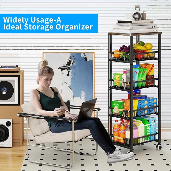 Fruit Vegetable Storage Basket for Kitchen, 5 Tier Large Pull-Out Metal Wire Baskets with 4 Pack Mats Bottom, Wood Top and Wheels, Vegetable Produce Bins Stand Cart Rack for Onions and Potatoes - Image 7
