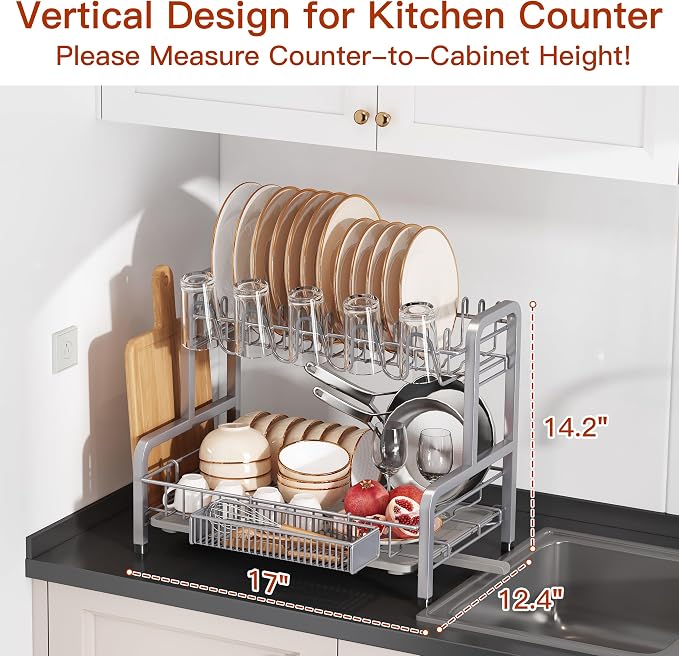 2 Tier Large Stainless Steel Dish Drying Rack for Kitchen Counter | Big Dish Drainer with Drainboard, Cup & Utensil Holder, Space Saving Rustproof Countertop Metal Plate Dryer Rack, Fast Drain - Image 6