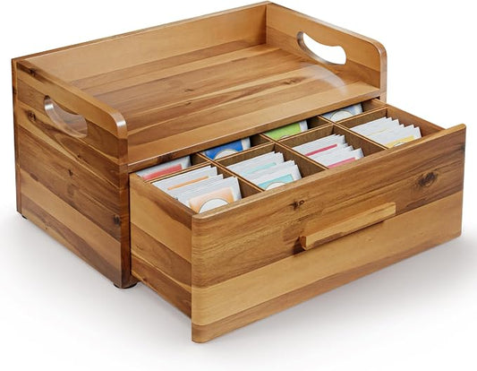 Tinamo Acacia Wooden Tea Box Organizer with Drawer – Tea Chest for Tea Bags Storage – Tea and Coffee Organizer - Wooden Tea Tray and Containers for Countertop Display (Acacia) | Solid Acacia Wood, No assembly, Holds up to 100 tea bags, Non-slip, Smooth... by TINAMO