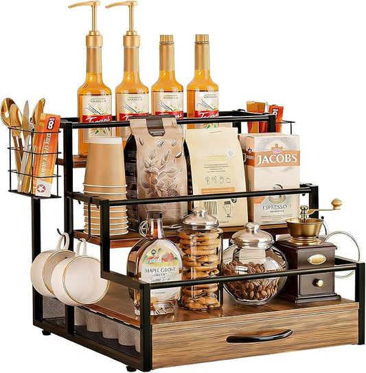 4 Tier Countertop Coffee Syrup Rack Organizer with 36 K Cup Storage | Wooden Sturdy and Space-Saving Coffee Bar Organizer with Drawer Condiment Storage Shelves for Kitchen Home Office Restaurant by Unknown