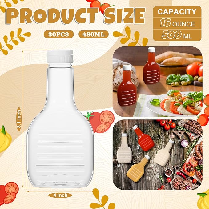 Roshtia 30 Pack 16oz Clear Plastic Salad Dressing Bottles Bulk Empty Squeeze Bottle with White Flip Top Cap for BBQ Condiment Sauce Ketchup Salad Dressing - Image 2