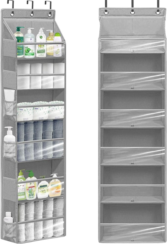 Over Door Organizer with 6 Extra Large Pockets 12 Side Pockets, Sturdy Closet Storage Rack, Hanging Storage Organizer with Clear Window for Shoes, Diapers, Bedroom, Bathroom, Grey by Unknown