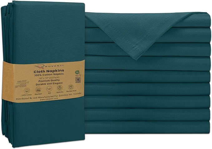 Ruvanti Cloth Napkins Set of 12, 100% Cotton High GSM 18x18 Inches Soft, Washable, Highly Durable & Absorbent, Perfect for Parties, Christmas, Thanksgiving Dinners – Deep Teal by Ruvanti