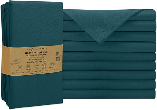 Ruvanti Cloth Napkins Set of 12, 100% Cotton High GSM 18x18 Inches Soft, Washable, Highly Durable & Absorbent, Perfect for Parties, Christmas, Thanksgiving Dinners – Deep Teal by Ruvanti