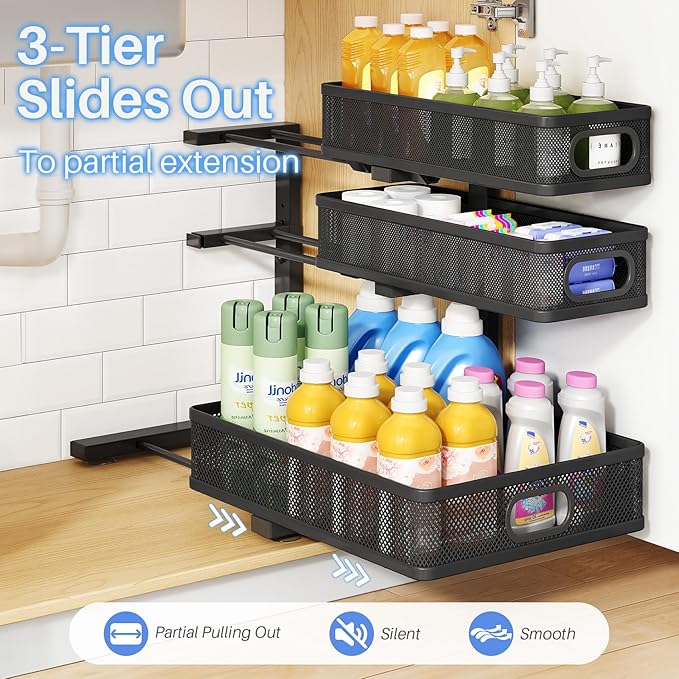Under Sink Organizer, 3-Tier Thickened Metal Pull out Cabinet Organizer Shelf, Height Adjustable Slide out Storage Drawer Rack for Kitchen Bathroom Pantry Laundry Home Organization, 2-Pack, Black | 35% More Storage Capacity, Carbon Steel, Hold Up 55lbs... - Image 7