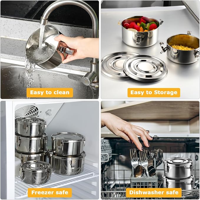 Zopeal 6- Piece Stainless Steel Food Storage Containers with Lids Leakproof Metal Lunch Boxes Stackable Reusable Canisters for Camping Trips Picnic Snacks Salad Soups, 3 Sizes(54oz, 74oz, 101oz) - Image 4