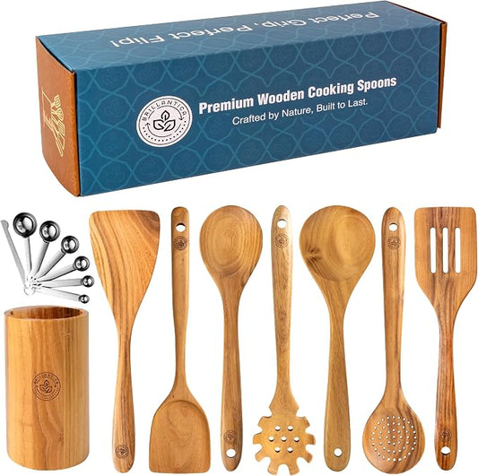 Complete 9-Piece Wooden Kitchen Utensil Set with Holder and Stainless Steel Measuring Spoons - Non-Toxic Wood Spatulas for Cooking, Safe for Non-Stick & Cast Iron Cookware by Brillantica