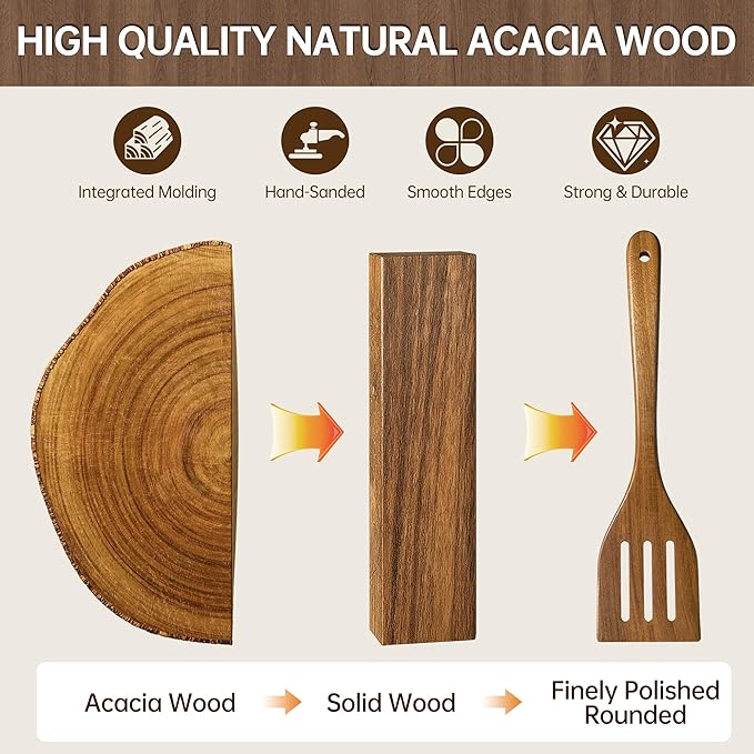11 PCS Natural Acacia Wooden Utensil Set Wooden Spoons for Cooking | Non-Toxic, Nonstick Friendly, Sturdy & Easy to Clean, With Ceramic Spoon Rest & 10 Hooks, Ideal Housewarming Gift - Image 4