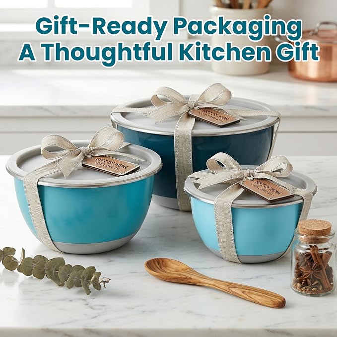 18/8 Stainless Steel Mixing Bowls Set with Lids,1.5,3 & 5 Qt,Blue | Non-Slip Silicone Base & Measurement Marks, Airtight Food Storage for Baking, Cooking & Meal Prep，Nesting Design - Image 6