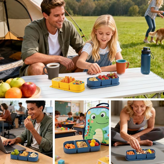 2 Pack Silicone Snack Containers, 3-Compartment Snackle Box with Leak Proof Lids, Reusable Small Divided Food Storage for Kids Lunch, School Travel Adults - Image 7