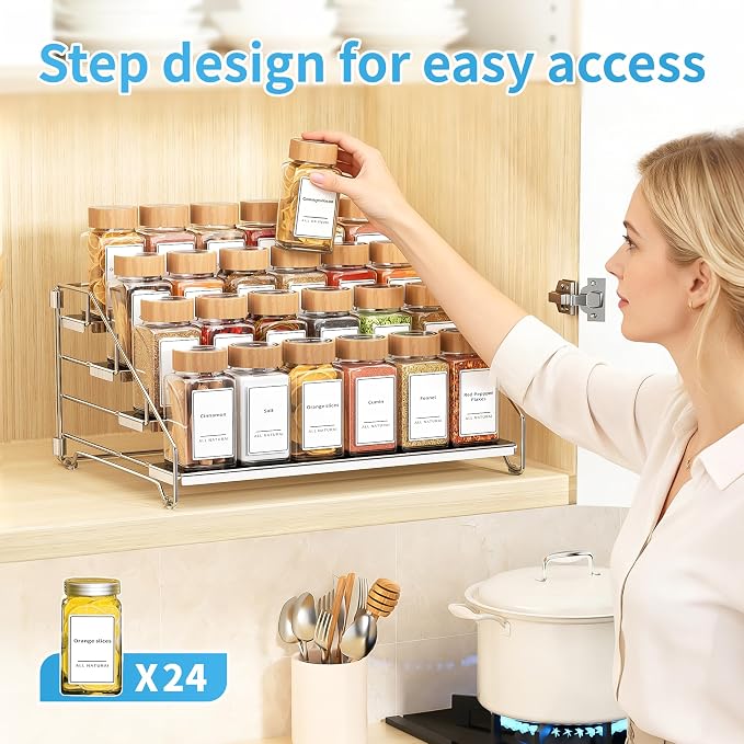 BOIVSHI Spice Organizer for Cabinet, Adjustable Depth Spice Shelf - Chrome | 4 Tier Spice Rack, Space-saving Spice Organization for Cabinet and Counter, Keep Your Kitchen Neat and Organized - 1 Pack - Image 2