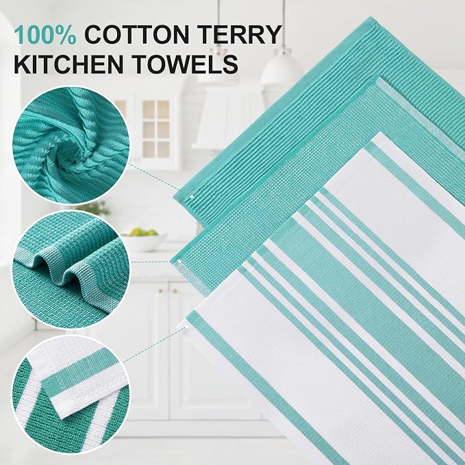 Homaxy Cotton 380 GSM Premium Kitchen Towels, 18"x 28", 12 Pack, Teal | Soft and Absorbent Terry Dish Towels, Multipurpose Tea Towel Set with Hanging Loop, 3 Styles Kitchen Hand Towels - Image 2